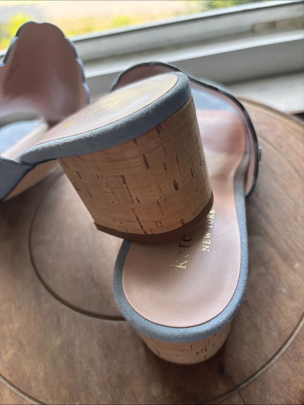 kate spade scalloped suede slide sandals in light blue-gray 7 B